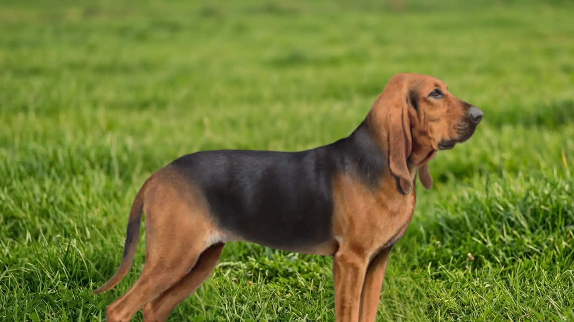st hubert jura hound standing on green grass with black and tan coat in outdoor field