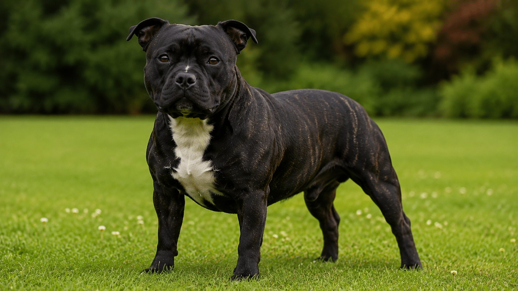 staffordshire bull terrier (staffy)standing on green lawn outdoors