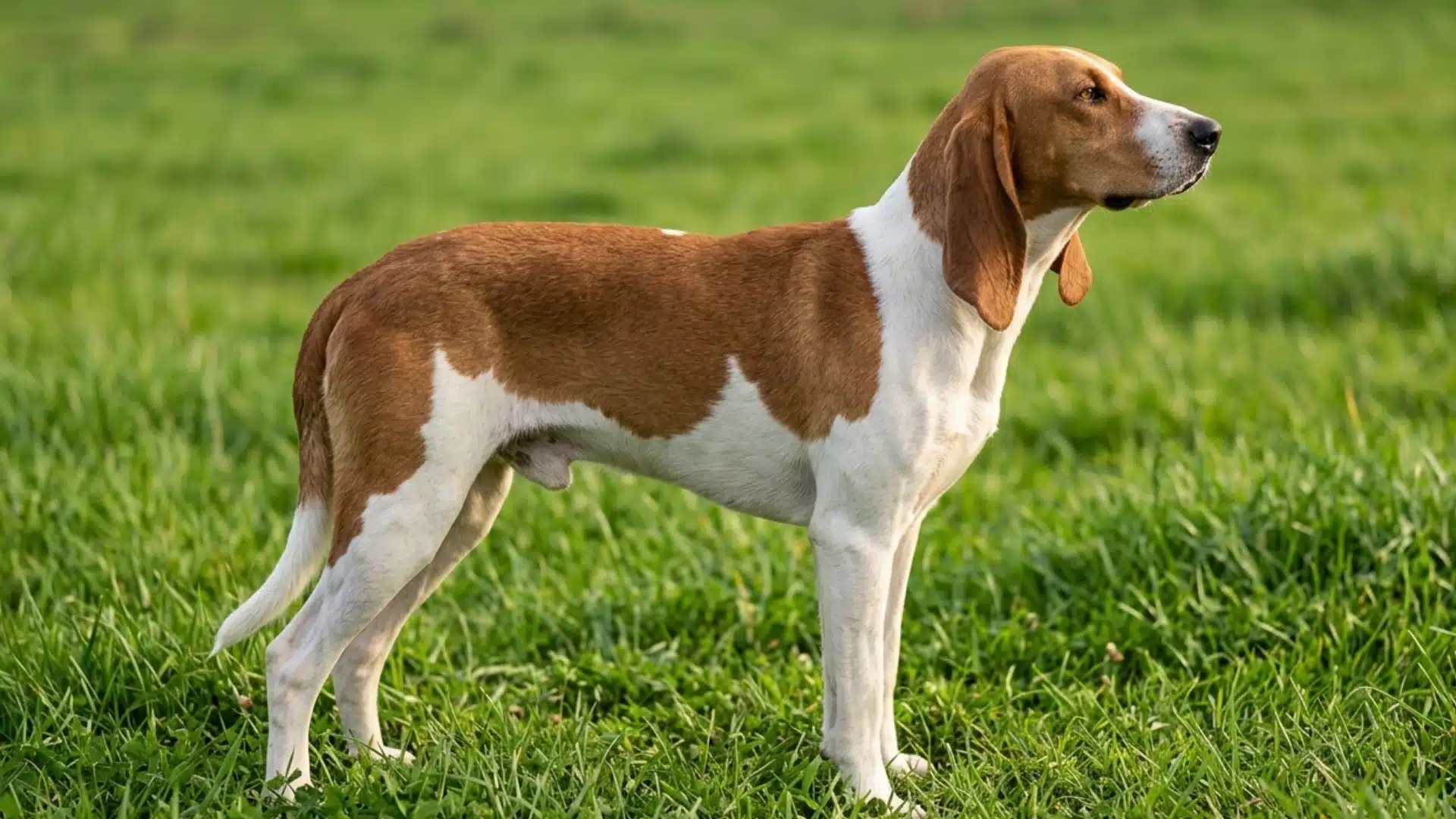 swiss hound standing in green field with brown and white coat and natural outdoor background