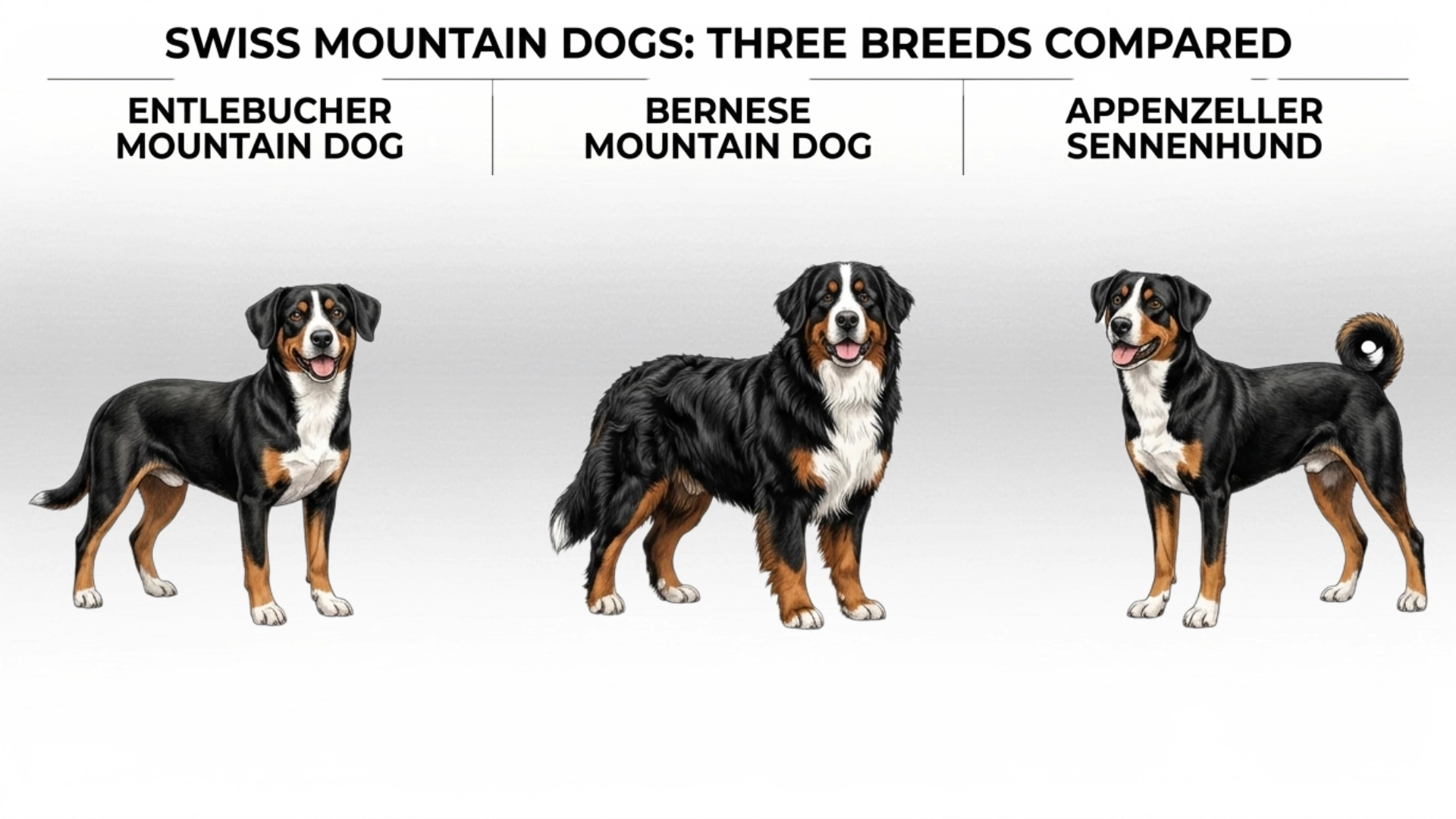 swiss mountain dogs comparison showing entlebucher bernese and appenzeller breeds side by side