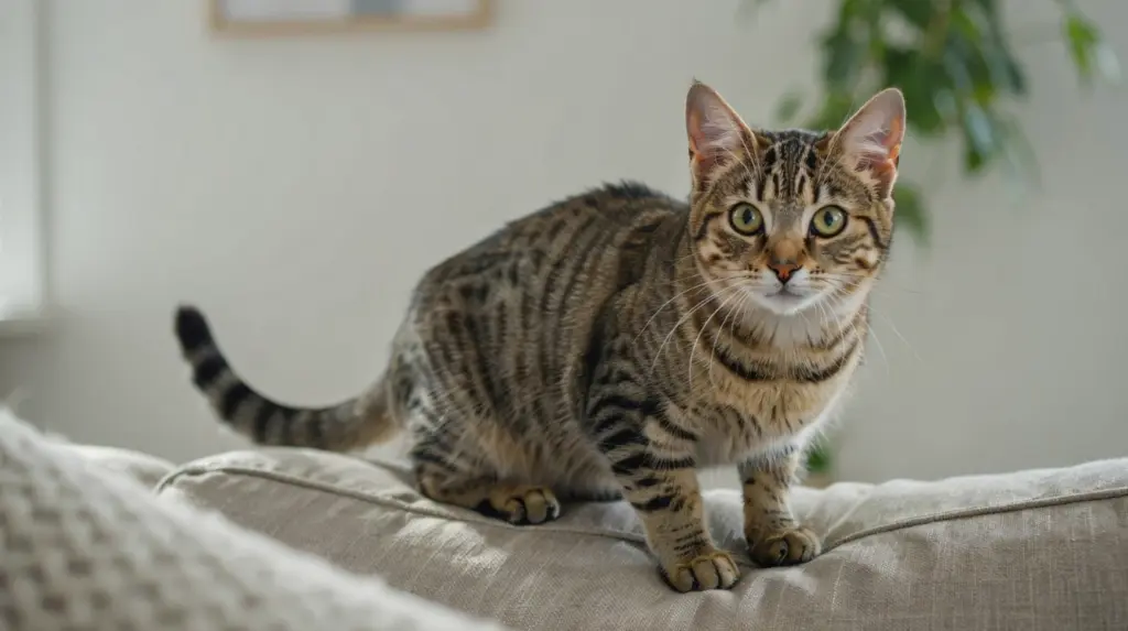 tabby cat sitting on sofa with tail raised and looking at camera