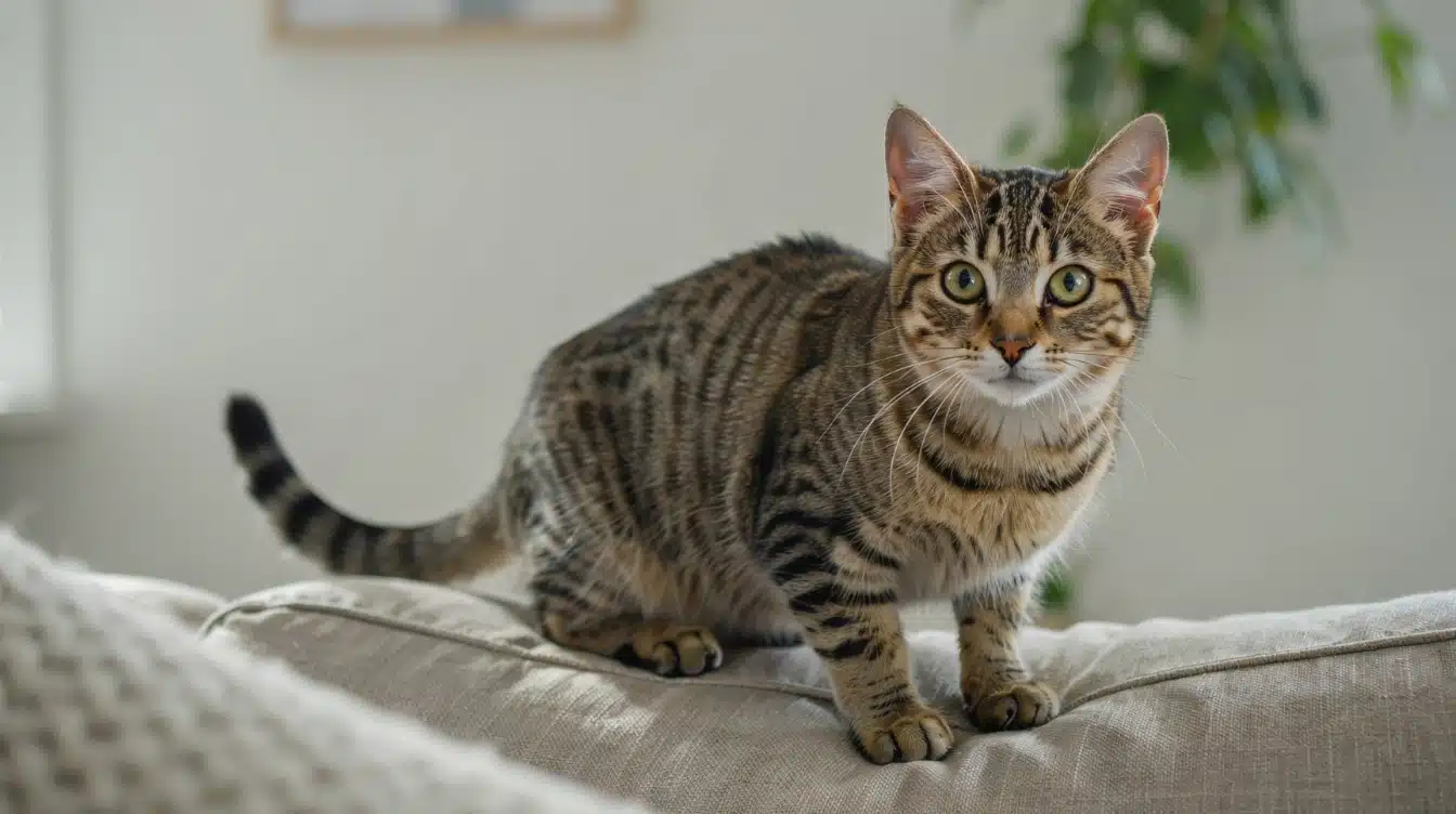 tabby cat sitting on sofa with tail raised and looking at camera