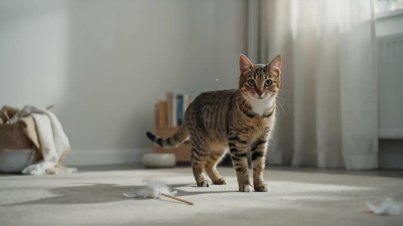 tabby cat standing calmly during a feline hyperesthesia episode in a safe home environment