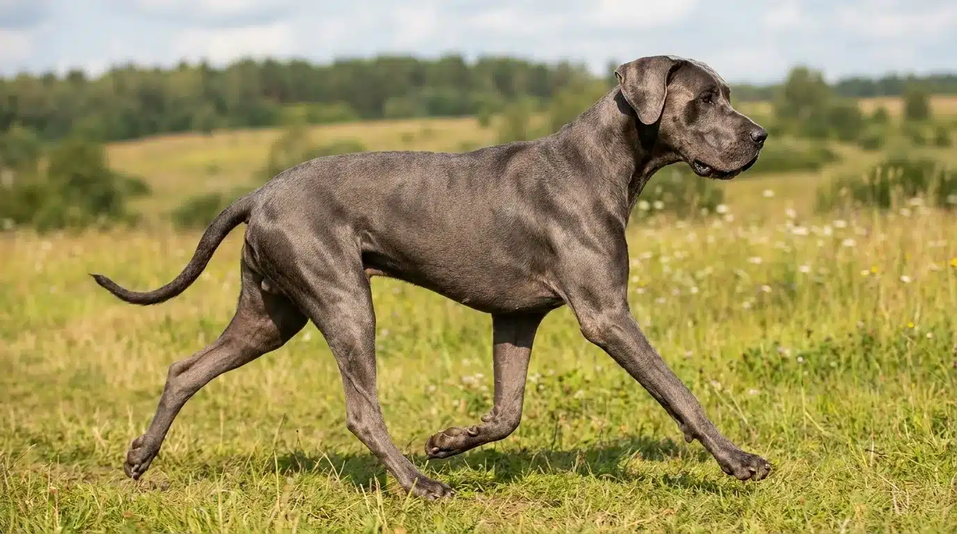 tall blue gray great dane galloping across a spacious level meadow in soft natural daylight