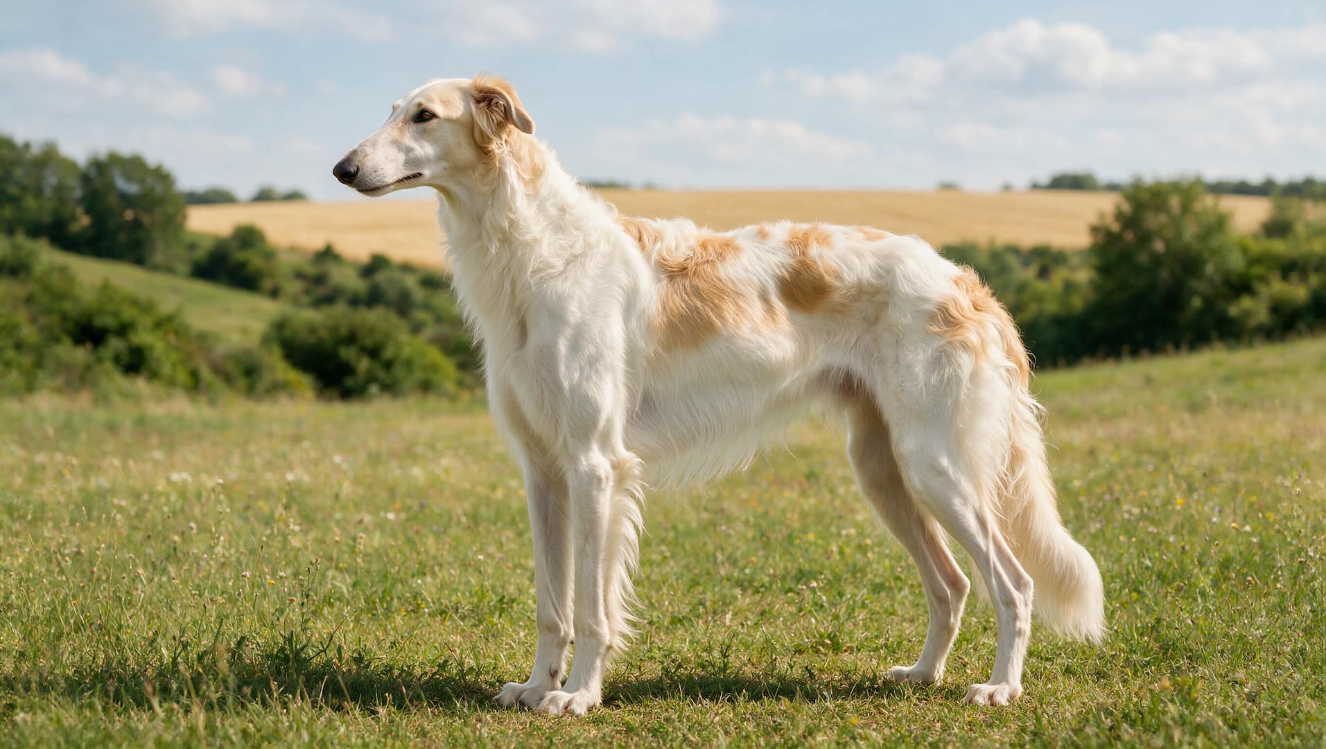 tall Borzoi dog with silky coat standing in field