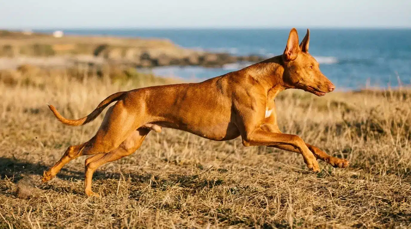 tan pharaoh hound sprinting across dry coastal grassland in warm late afternoon sunlight