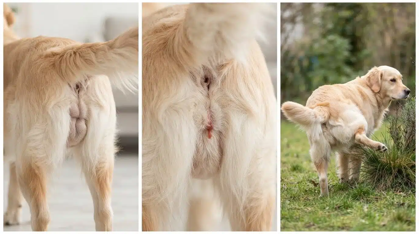 three panels showing swollen vulva vaginal discharge and urination in a female dog