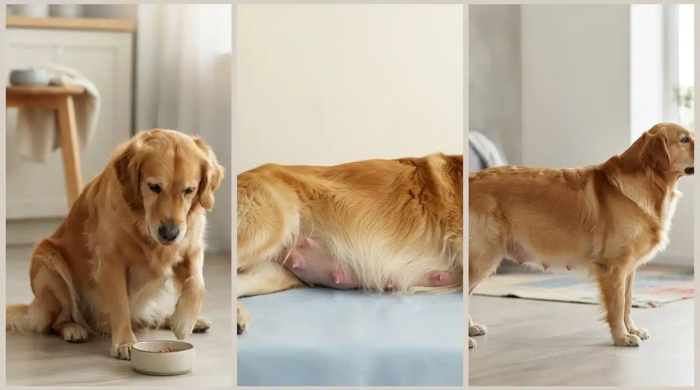 three stages of dog pregnancy showing appetite changes nipple changes and belly growth signs