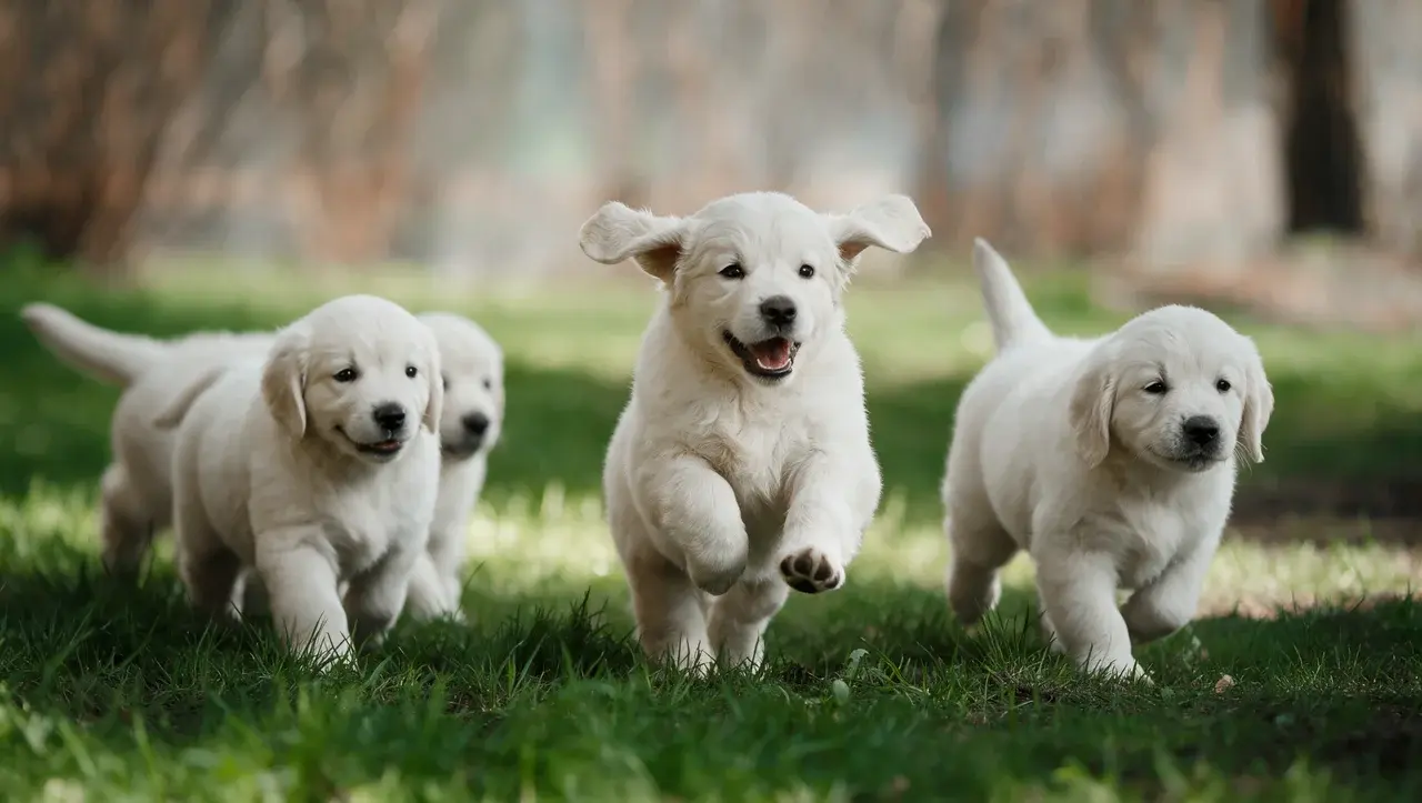 three white puppies running on grass outdoors showing playful male puppy personalities for name ideas