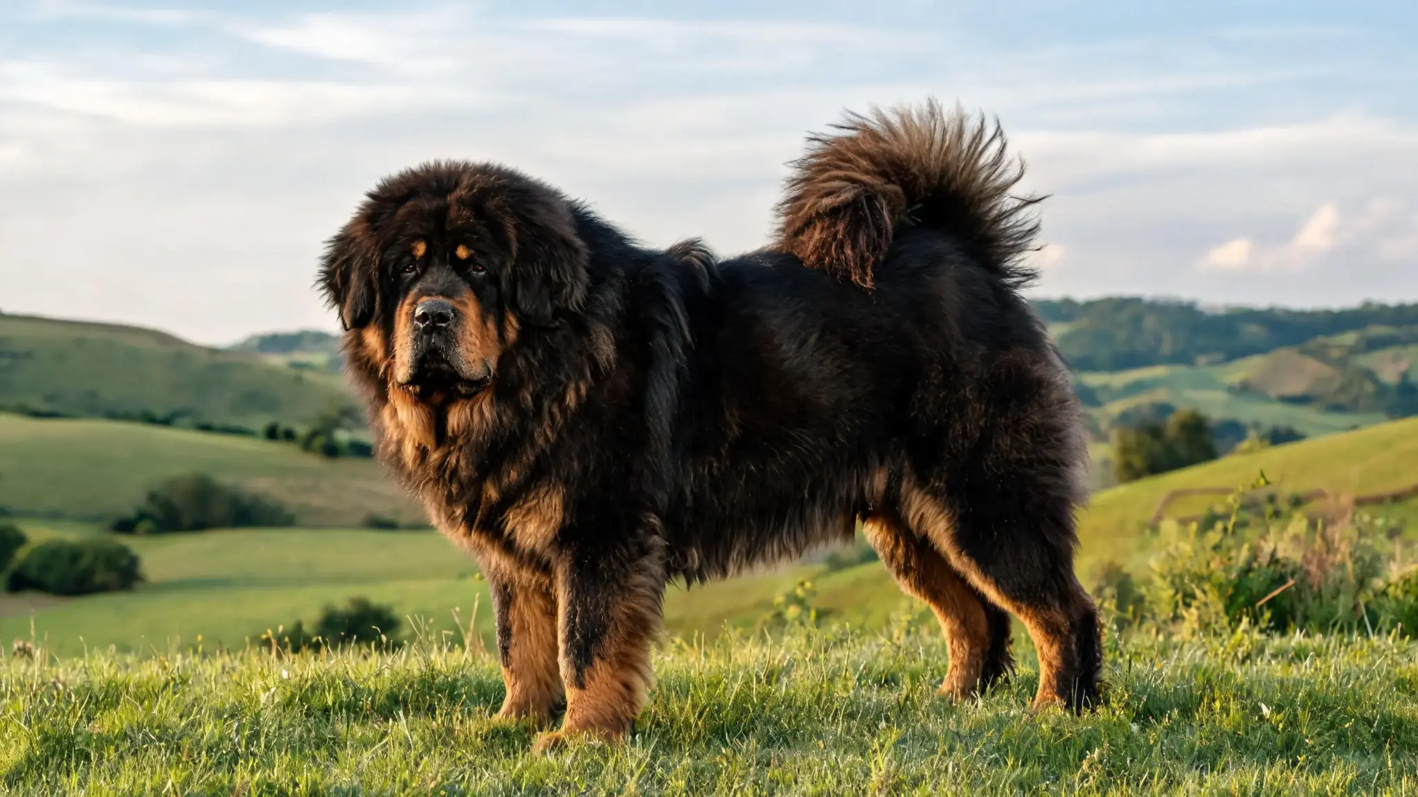 tibetan mastiff giant guardian dog standing outdoors with thick coat