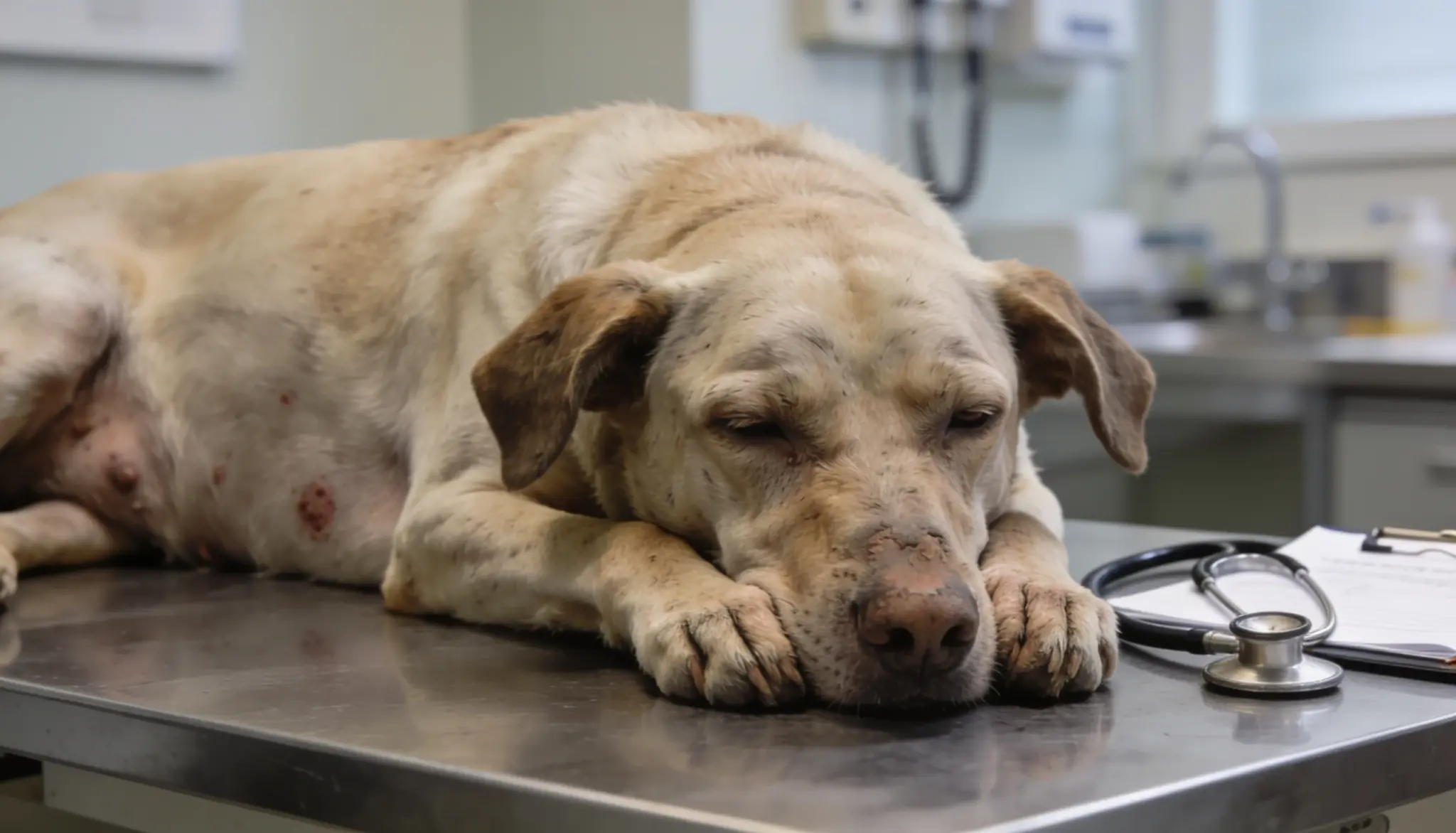 tired dog with skin sores lying on vet exam table with valley fever
