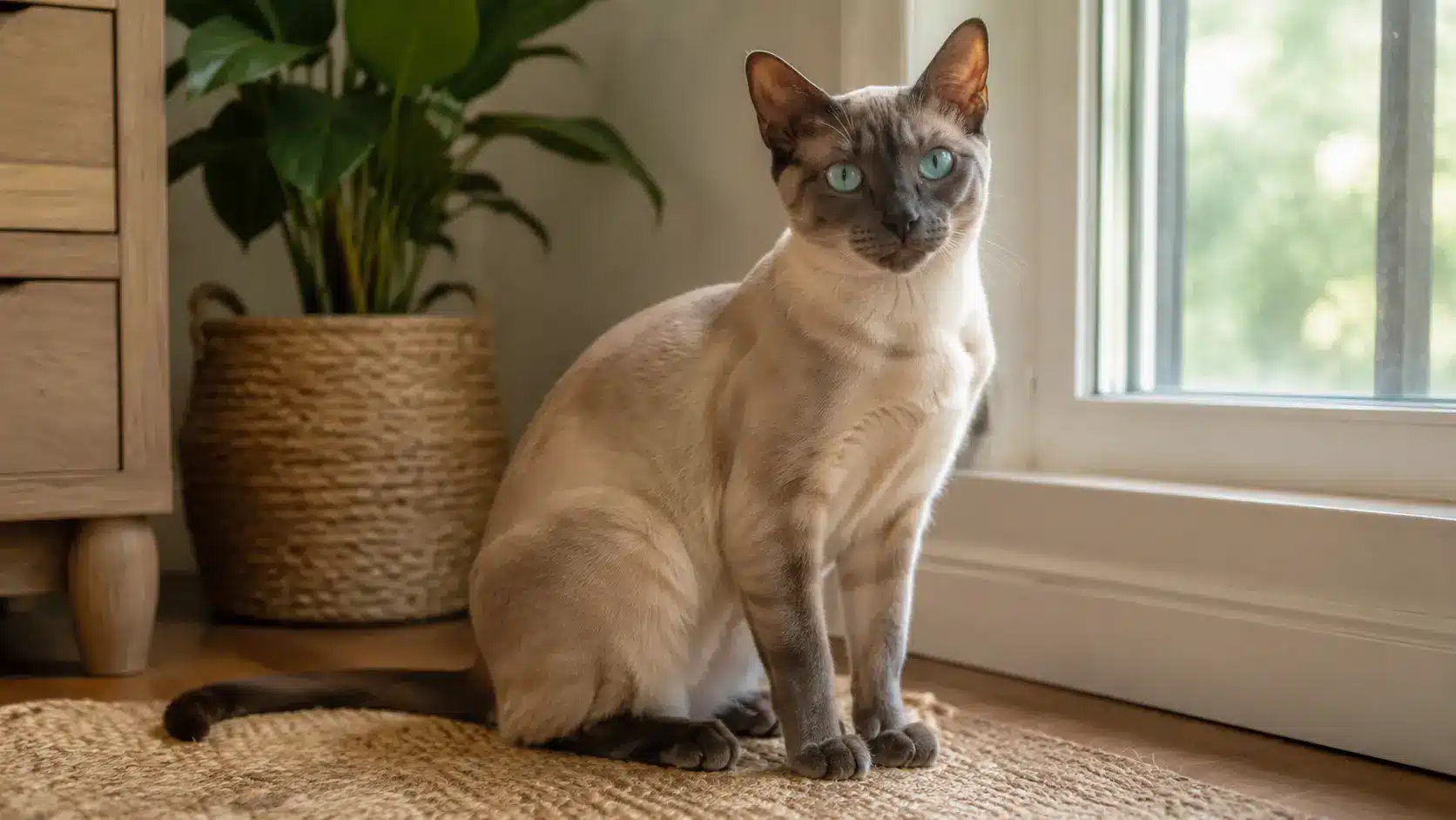 tonkinese cat with aqua eyes silky coat and pointed markings sitting in a cozy indoor setting