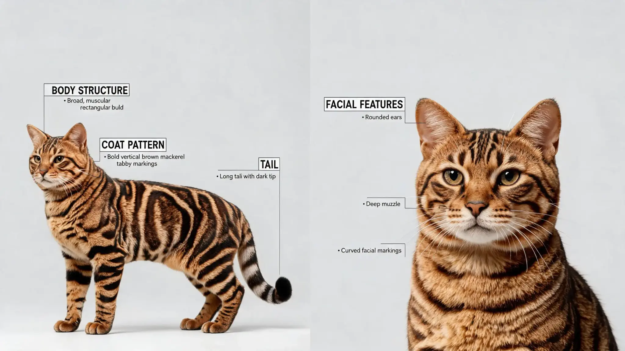 toyger cat appearance guide showing coat pattern body structure and facial features