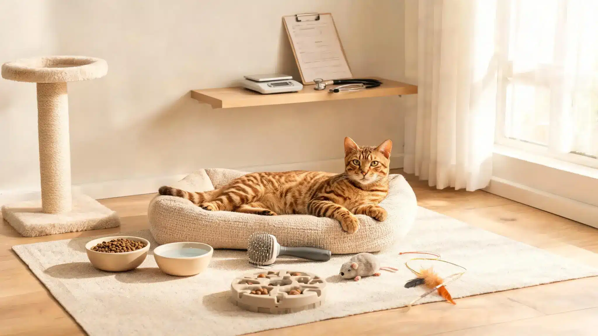 toyger cat with grooming brush food puzzle scratching post and care items in a bright home setting