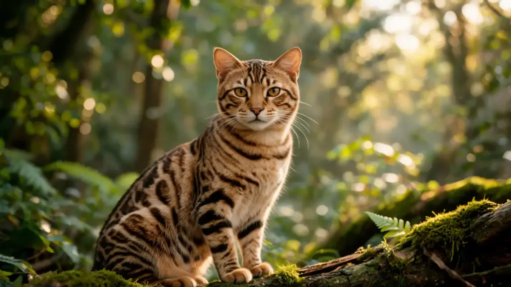 toyger cat with tiger like stripes sitting in forest showing golden coat and wild look
