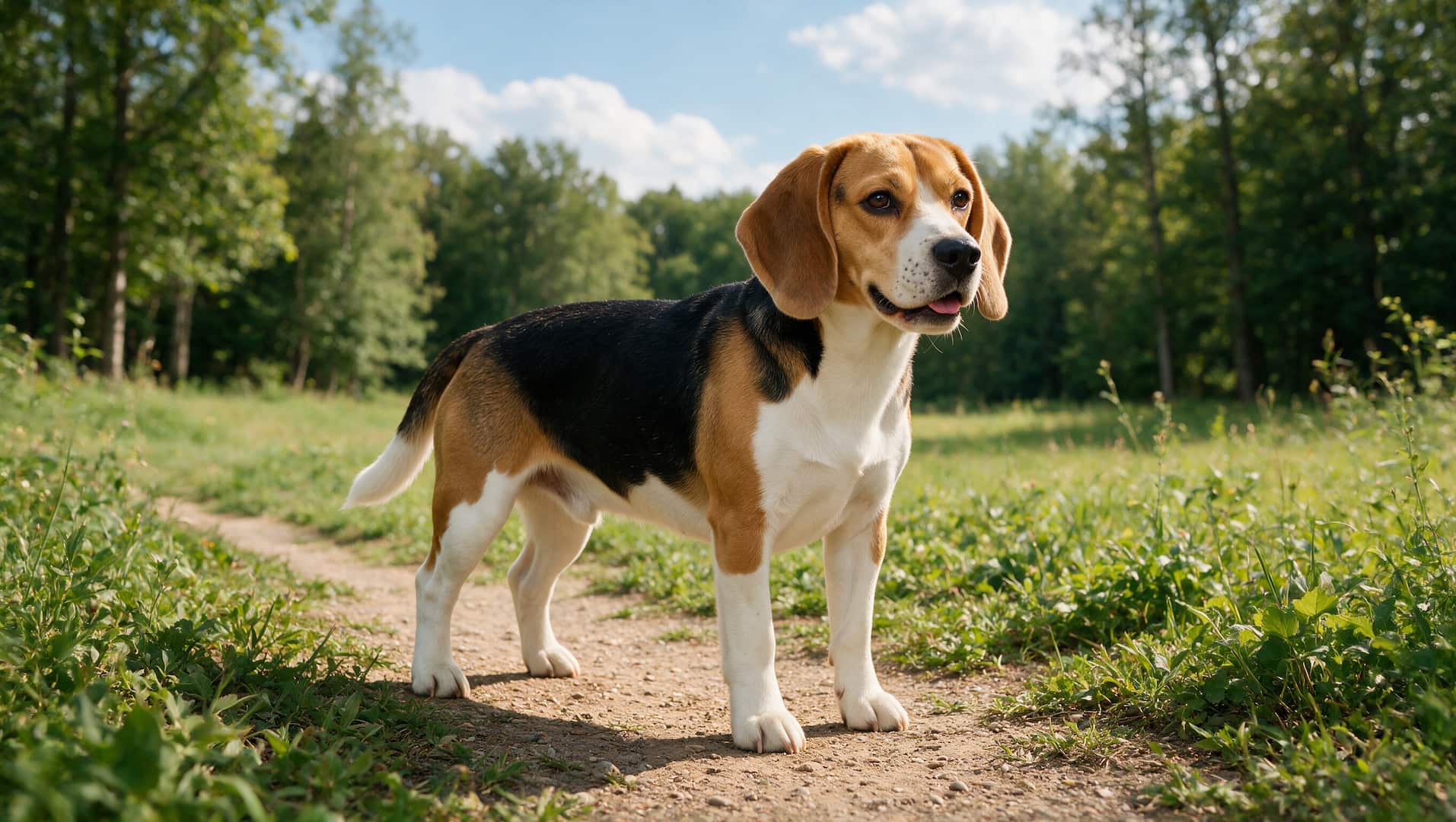 tri color Beagle dog with floppy ears outdoors