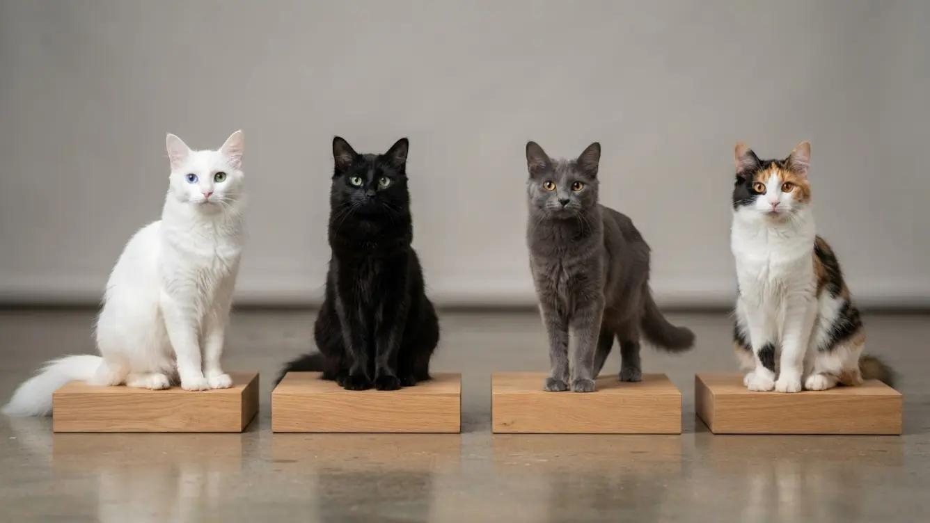 turkish angora cats displaying white black blue and calico coats with varied eye colors