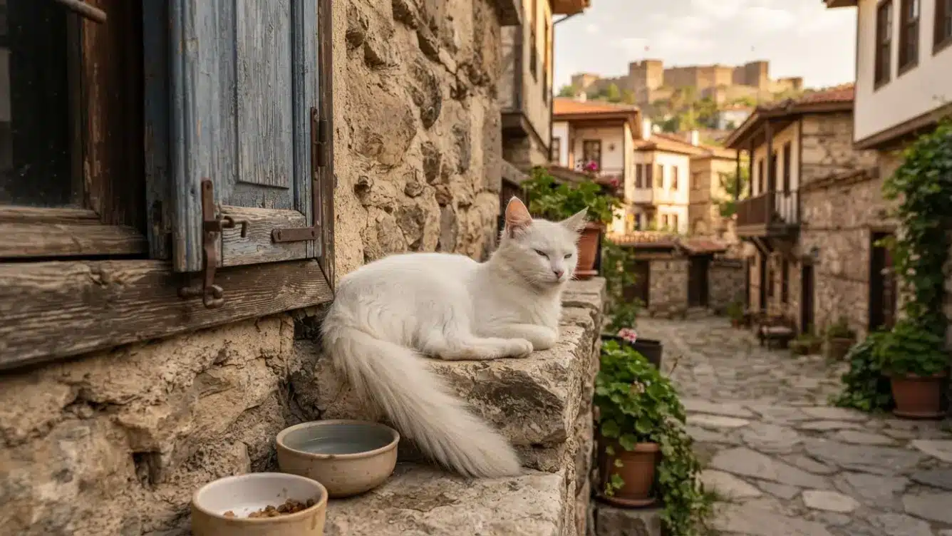 turkish angora resting in an old ankara courtyard with stone walls and warm natural light