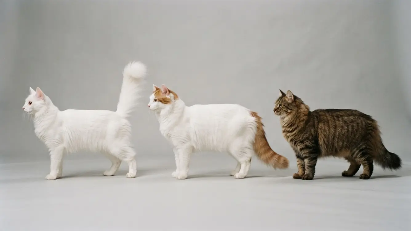 turkish cat breeds comparison with an angora turkish van and domestic longhair standing together