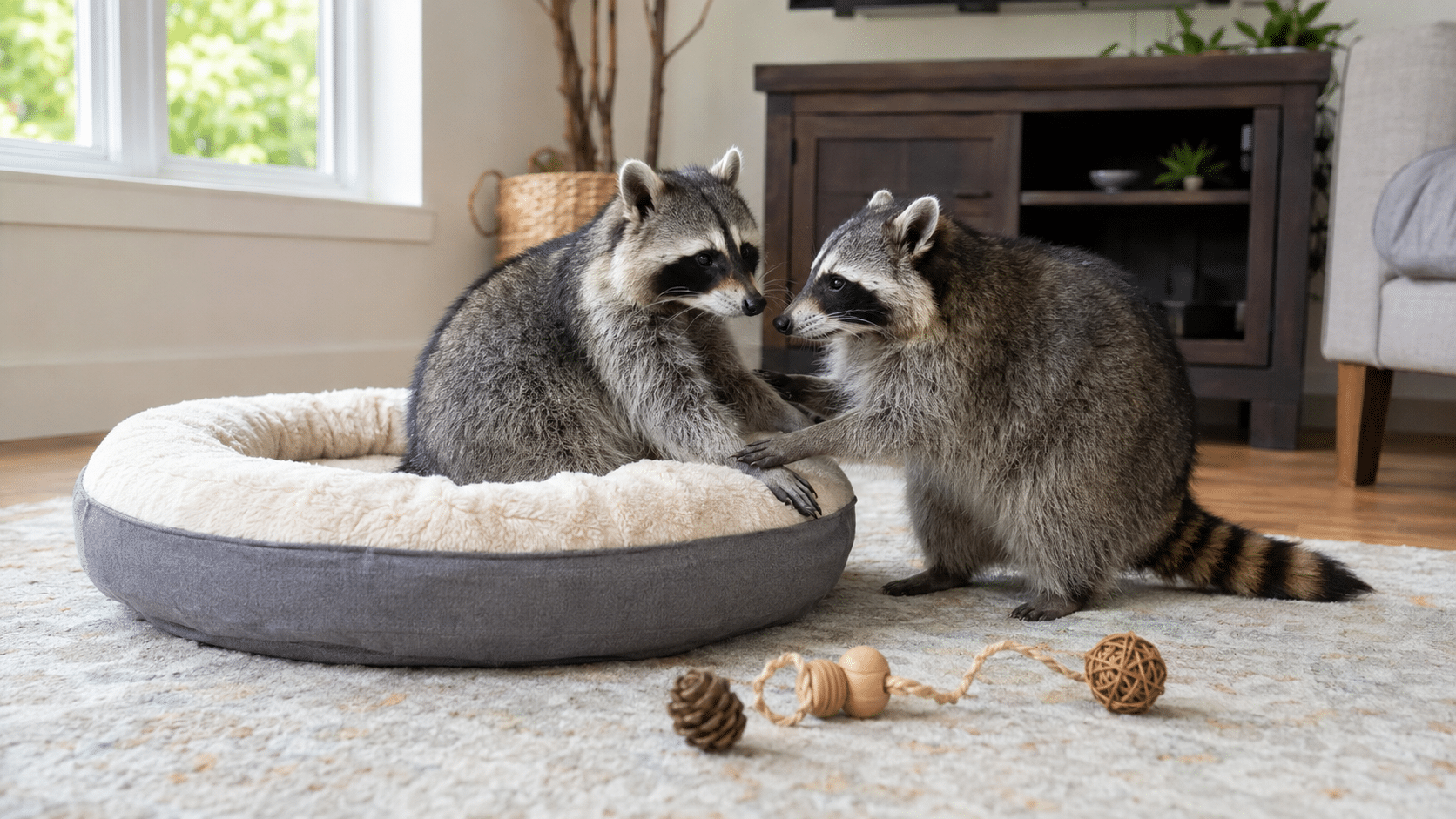 two pet raccoons interacting beside a soft bed and toys in a bright living room with natural daylight