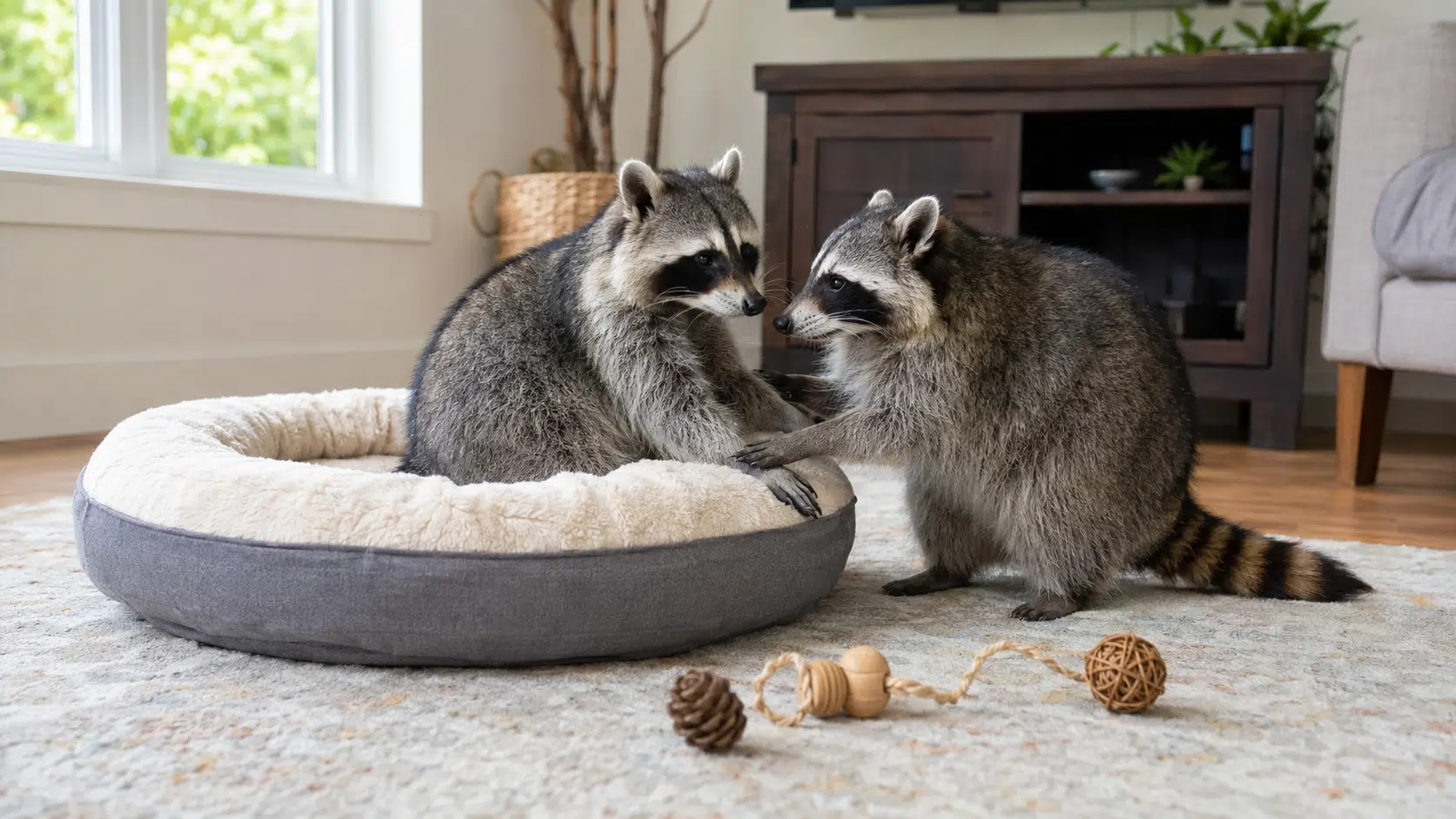 two pet raccoons interacting beside a soft bed and toys in a bright living room with natural daylight