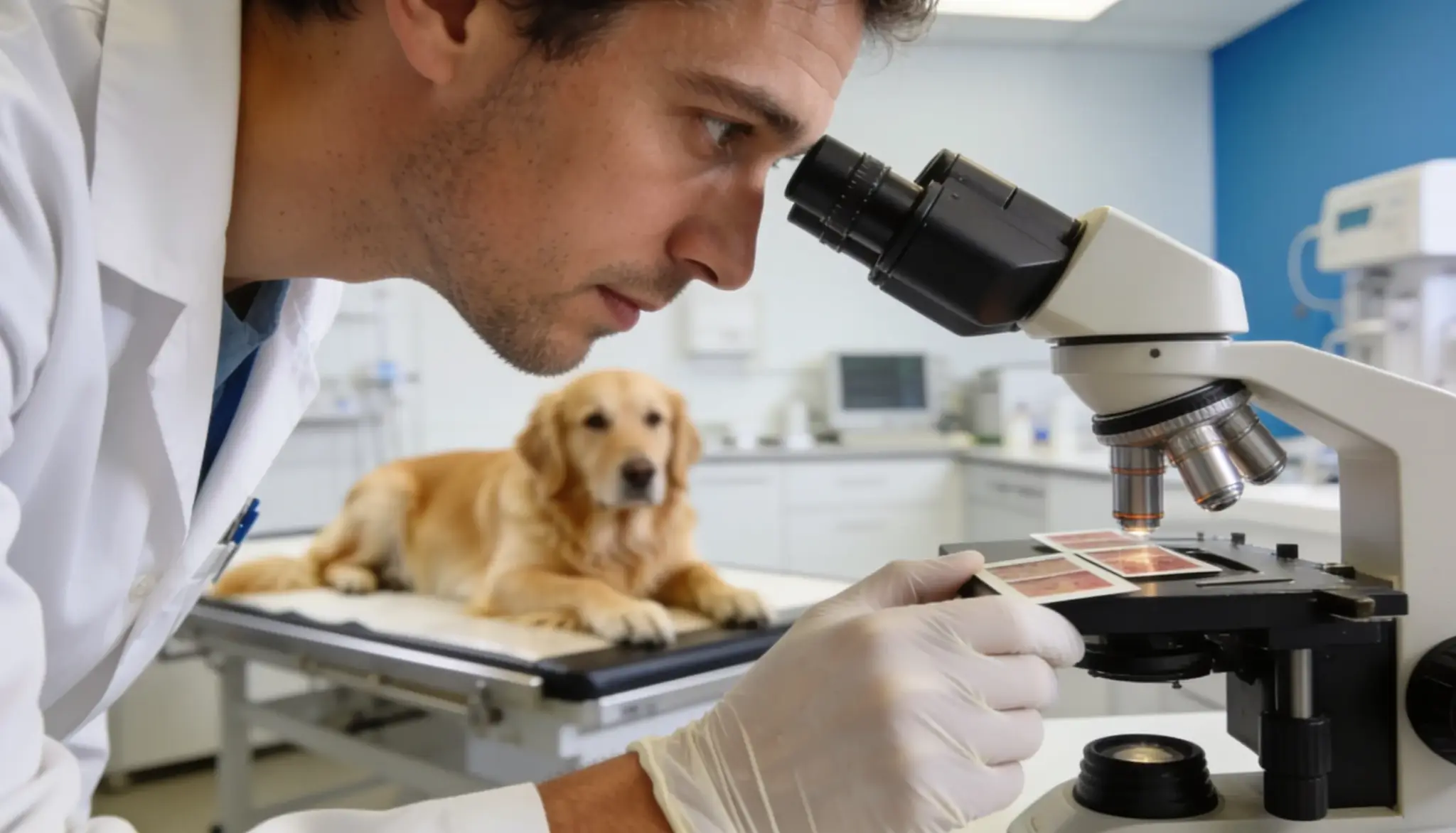 vet examining lab samples under microscope to diagnose golden retriever with valley fever