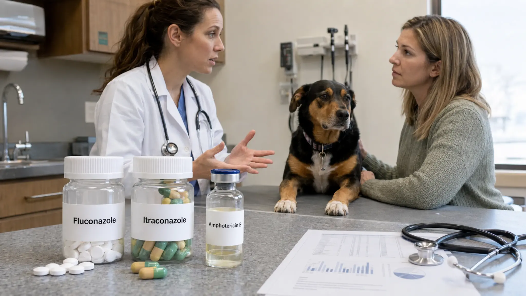 veterinarian discussing valley fever treatment beside clearly labeled antifungal medicines and a dog in a clinic