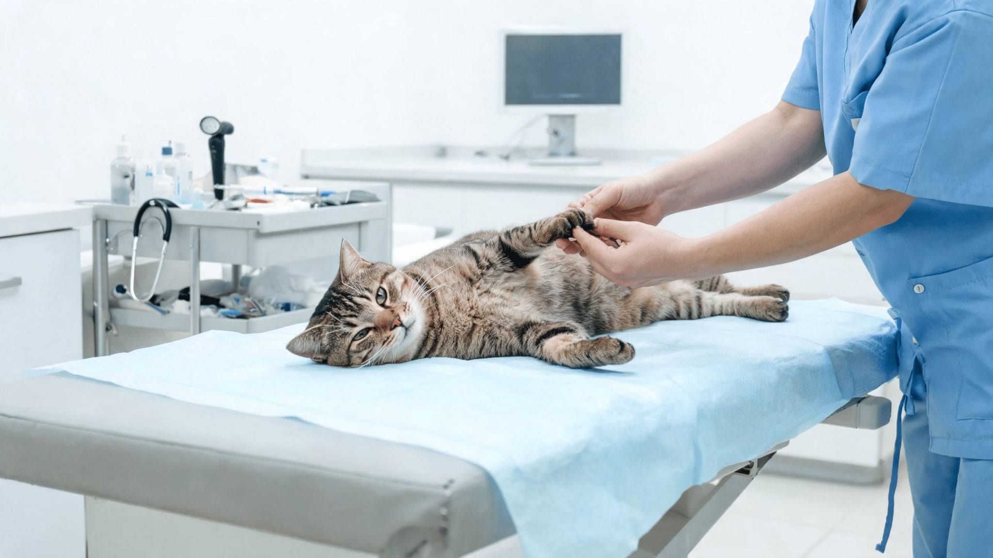 veterinarian examining a cat during a health check in a clinic setting