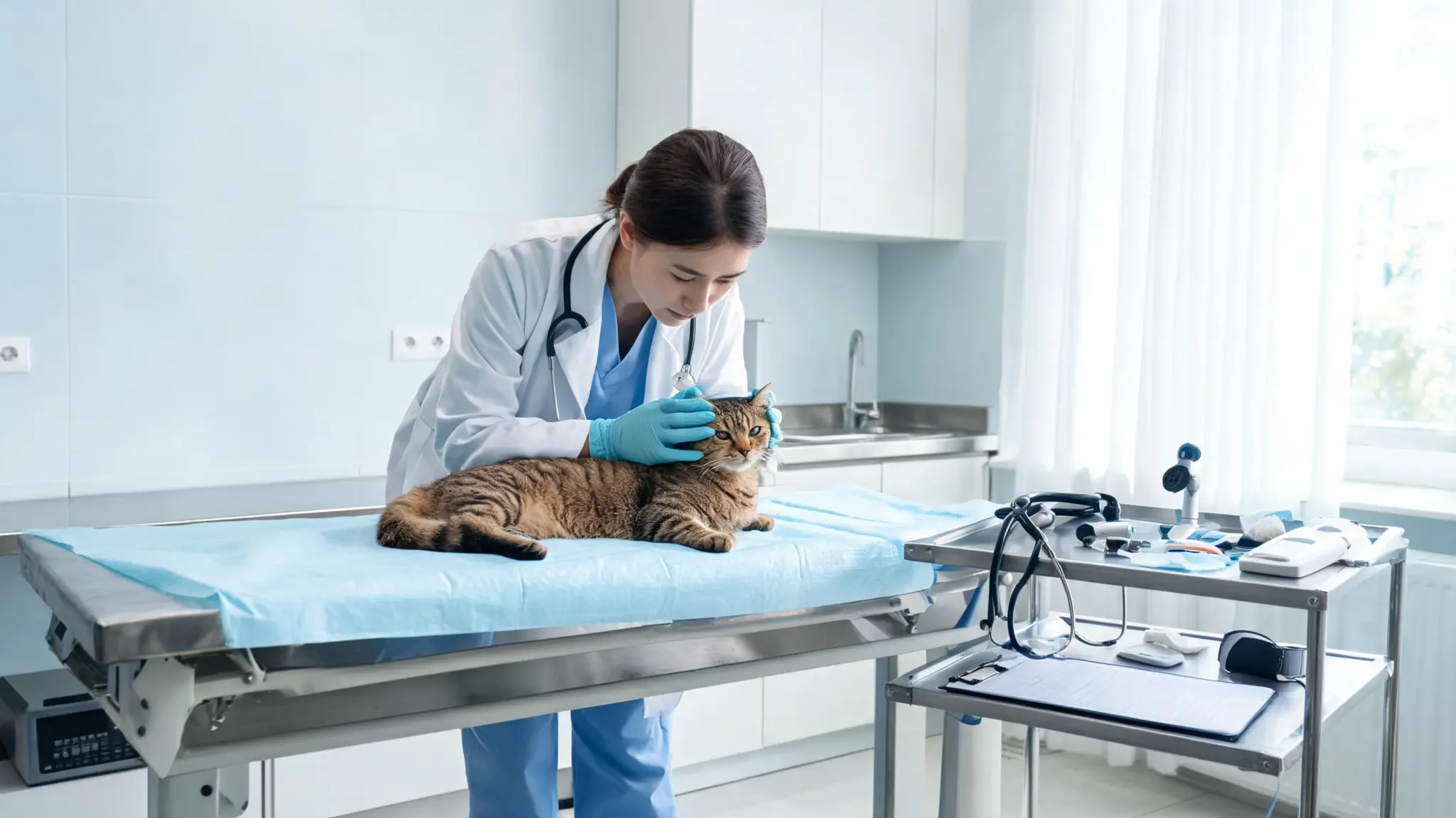 veterinarian examining a cat during a physical health check in a clinic