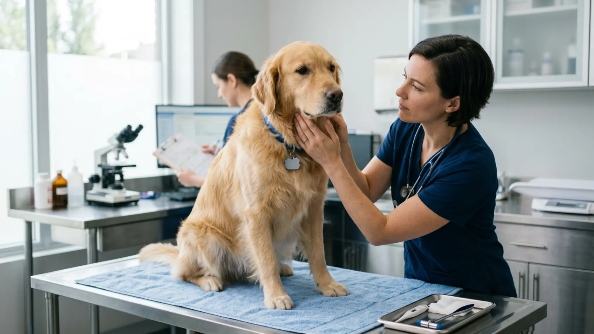 veterinarian examining a dog for lymphoma signs during a health check in a veterinary clinic