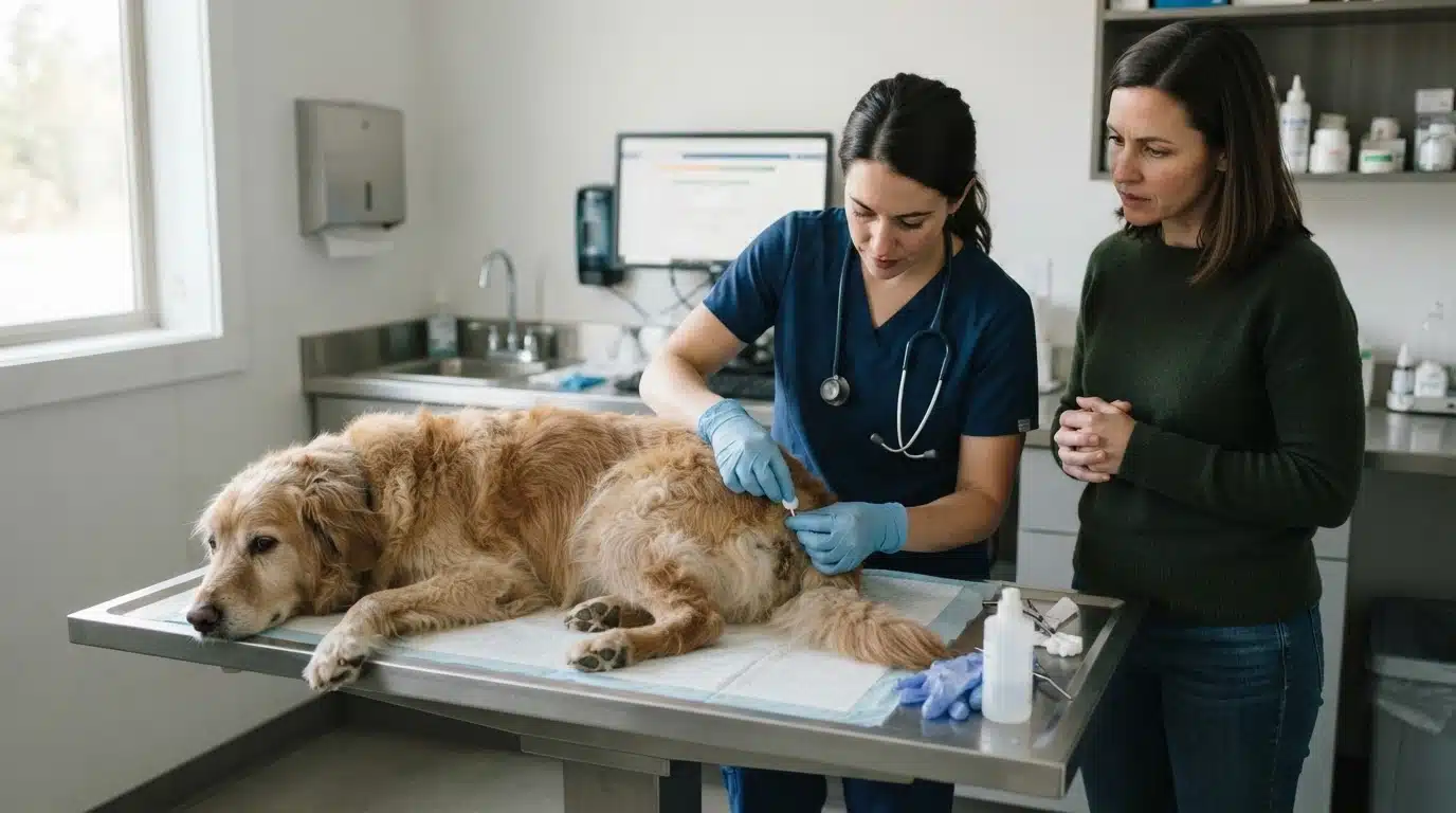 veterinarian examining a female dog with unusual discharge while owner stands nearby
