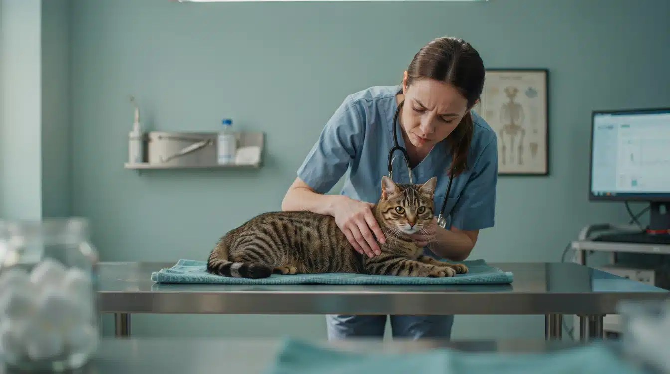 veterinarian examining cat for pain during a clinical health assessment