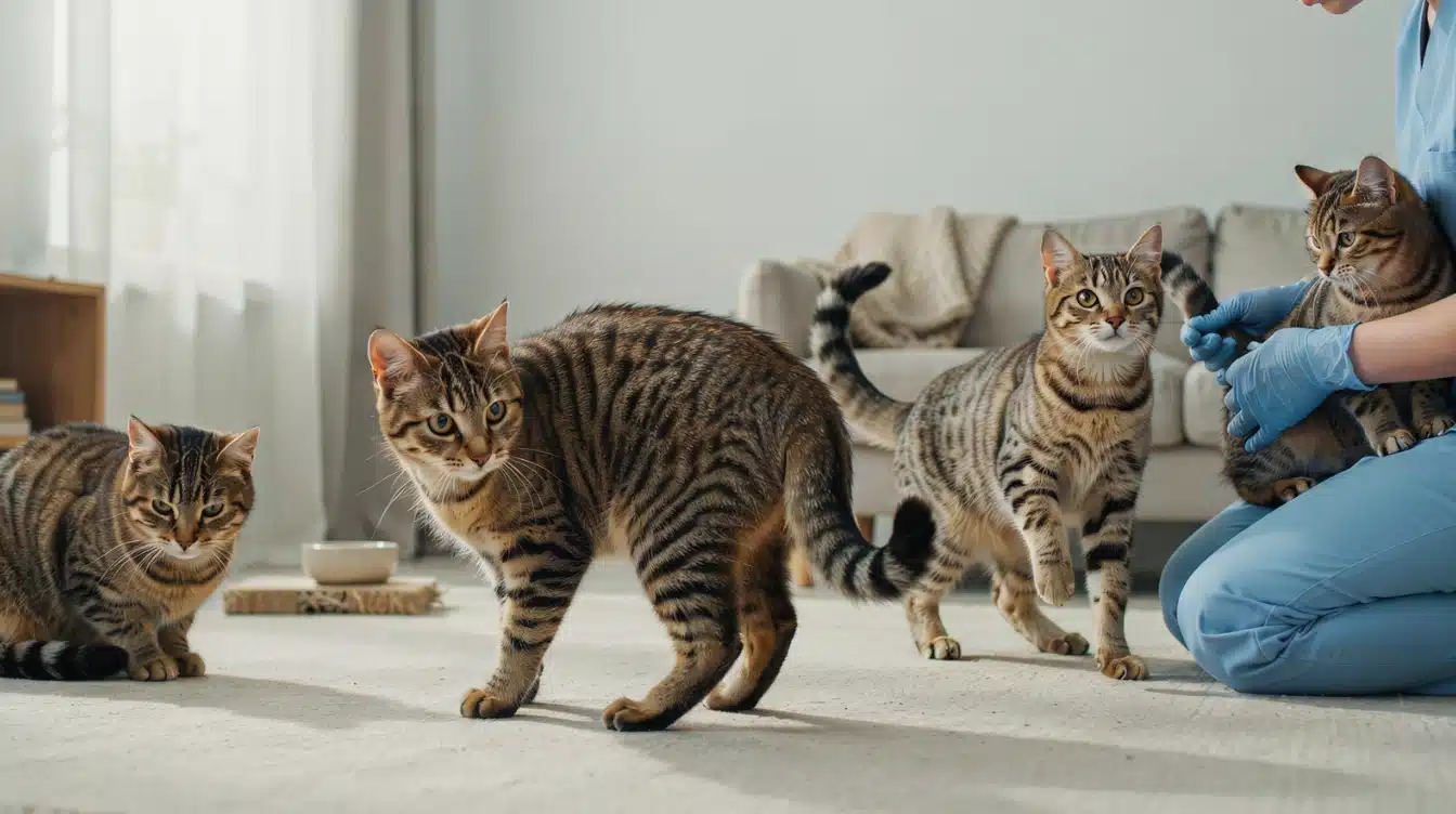 veterinarian examining cats with different tail positions during health check