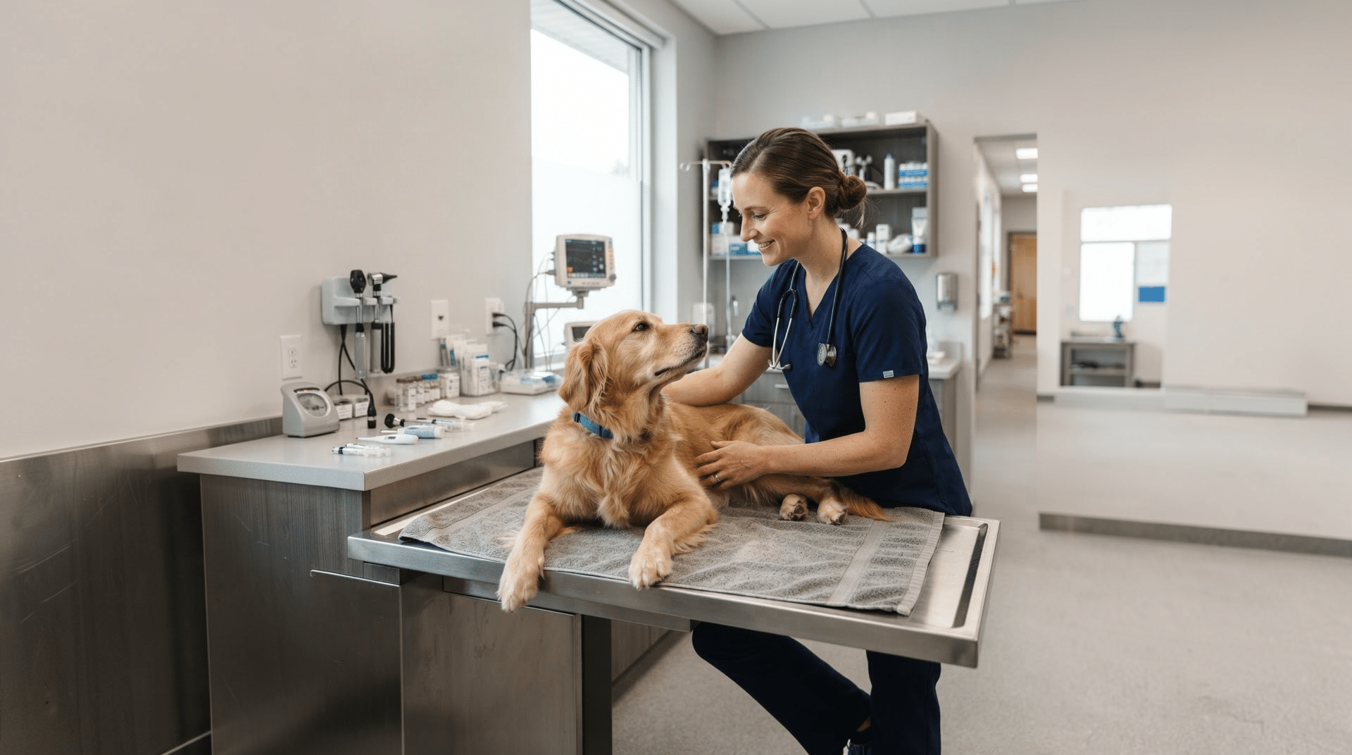 veterinarian examining dog during emergency health assessment in clinic