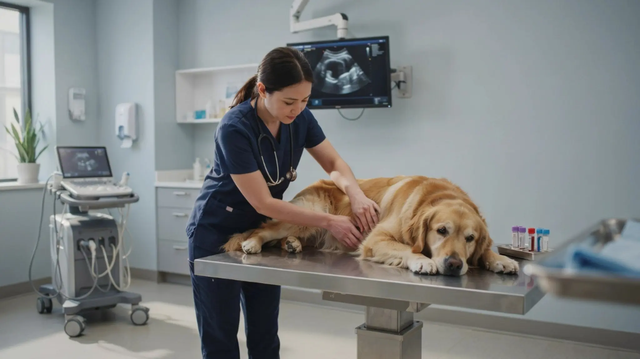 veterinarian examining dog for pancreatitis using abdominal check and ultrasound imaging