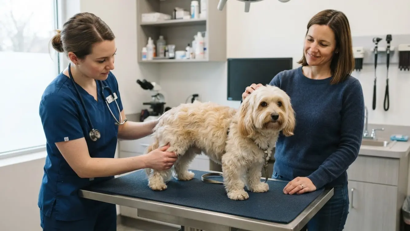 veterinarian gently checking a havanese dog knee eyes and ears during a routine health examination