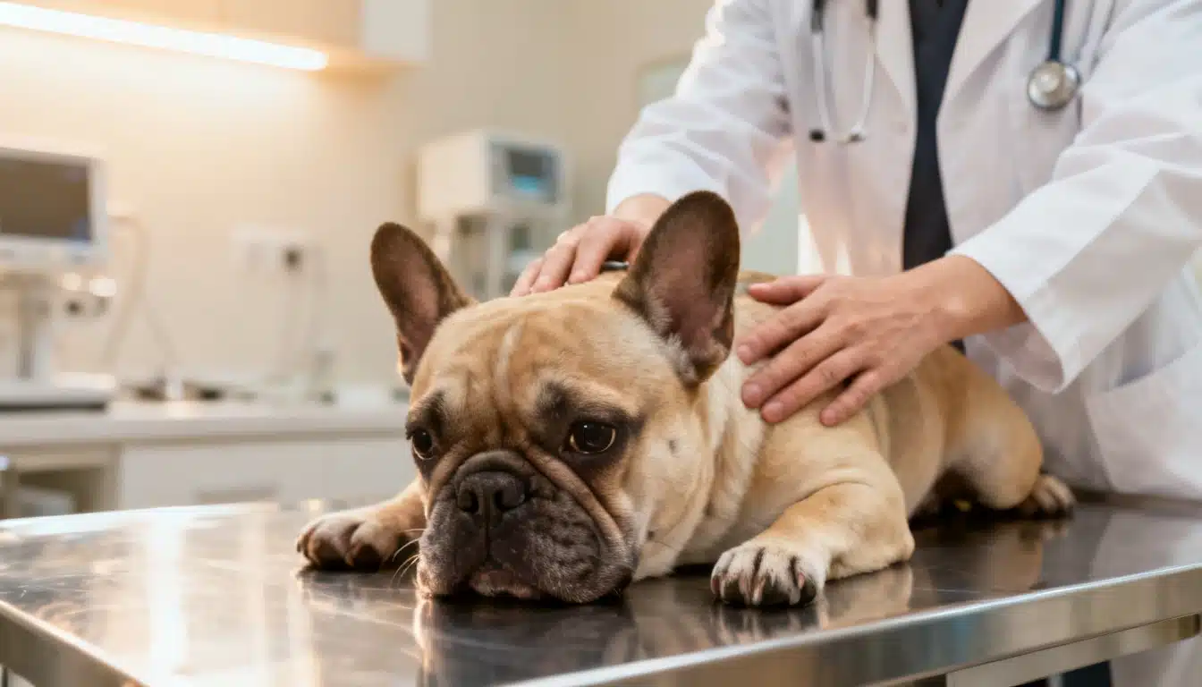 Veterinarian gently examining a French Bulldog's face during a checkup