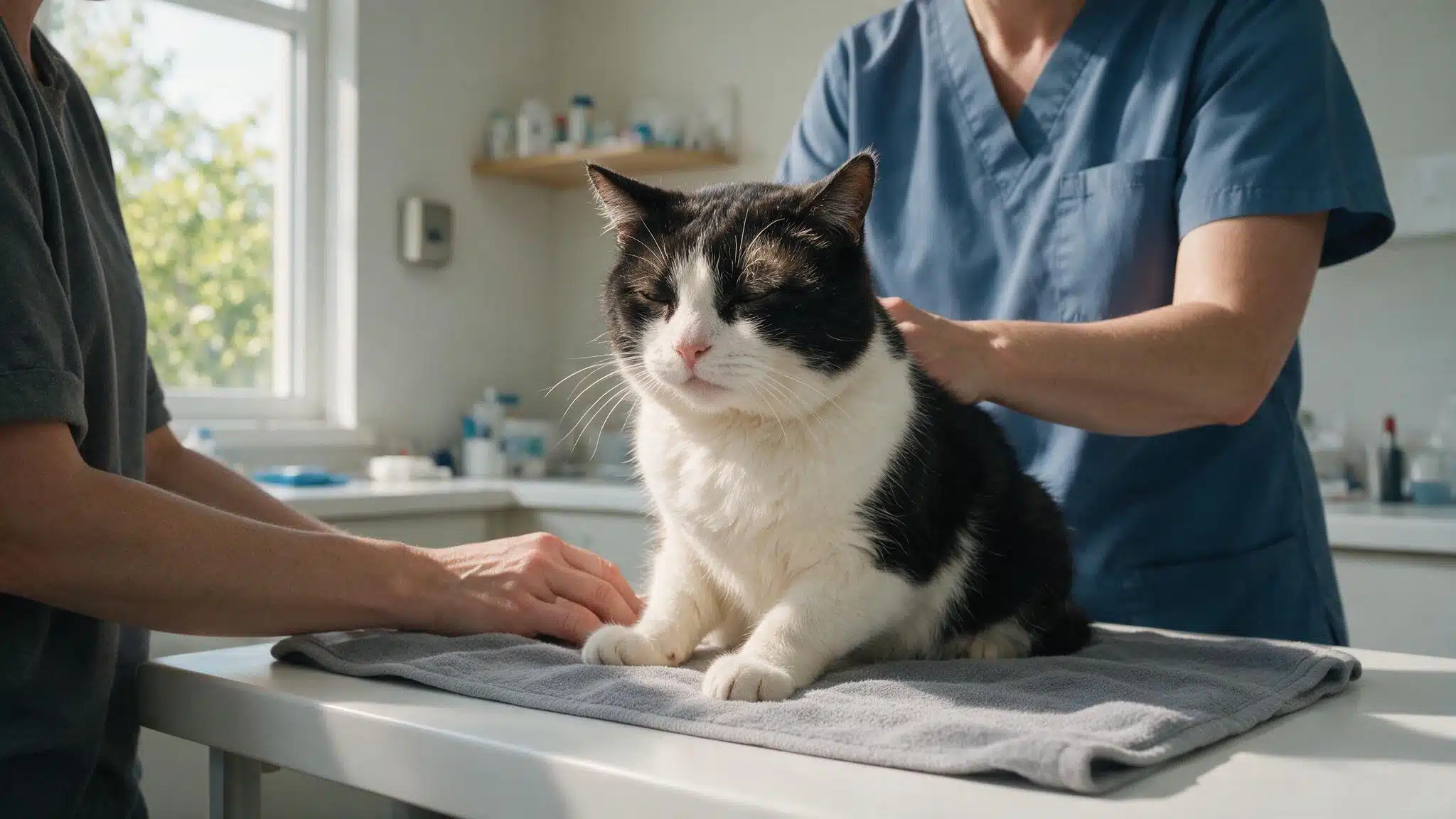 veterinarian gently examining a senior black-and-white cat in a clean and calm veterinary clinic