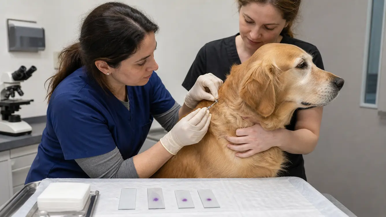 veterinary oncologist performing a fine needle aspiration to diagnose lymphoma in a calm dog
