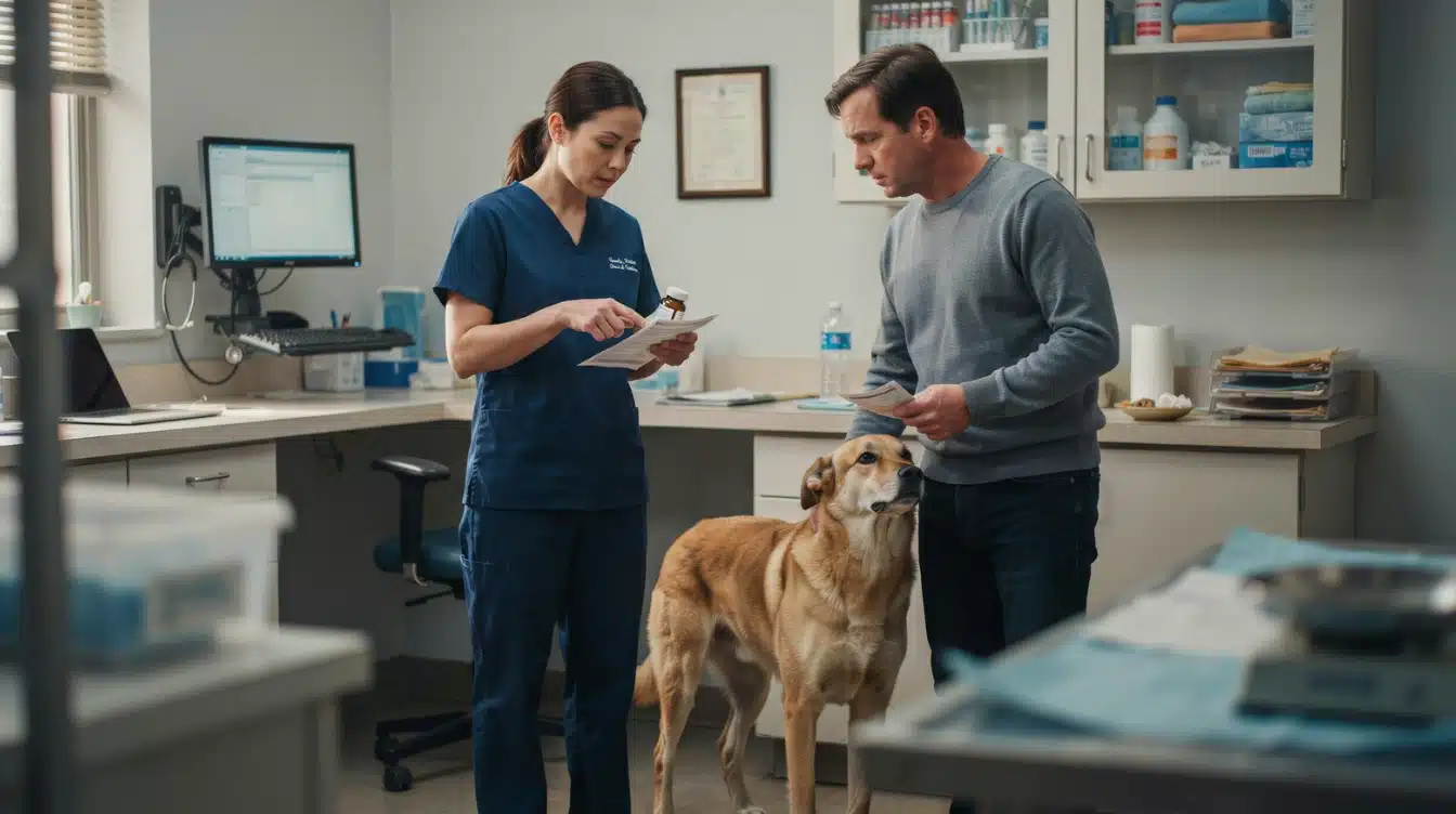 veterinary professional explaining prescribed pain medication to a dog owner during a clinic visit