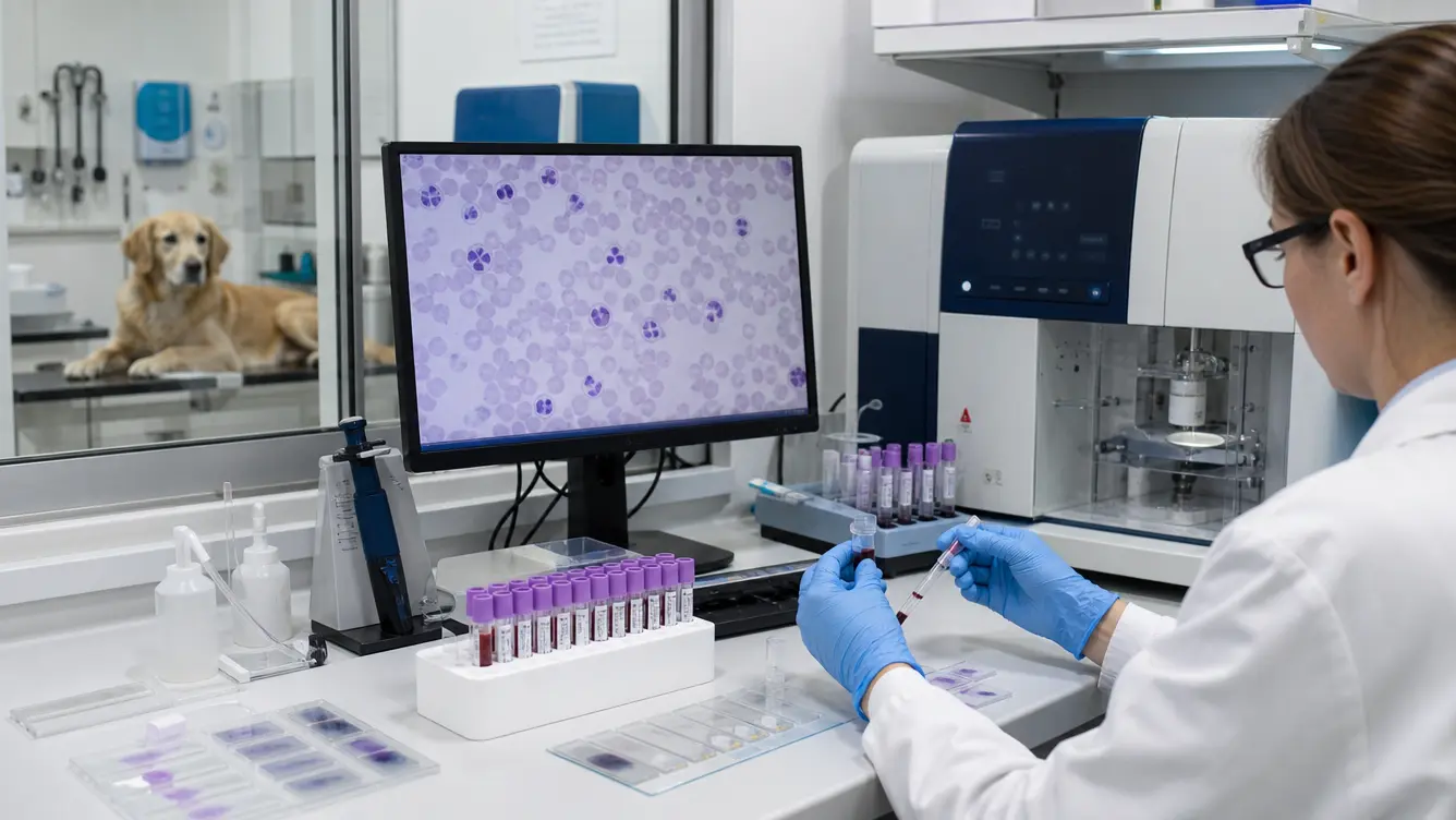 veterinary scientist examining canine immune cells during lymphoma research in a clinical laboratory