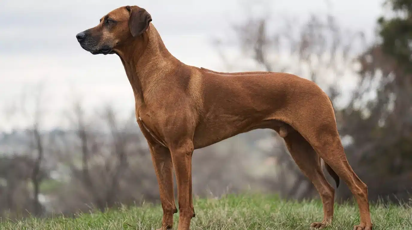 wheaten rhodesian ridgeback standing in profile on grass with trees softly blurred behind it