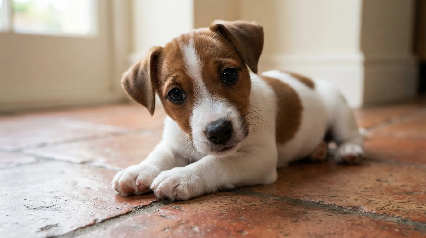 white and brown puppy lying on floor looking at camera with soulful eyes