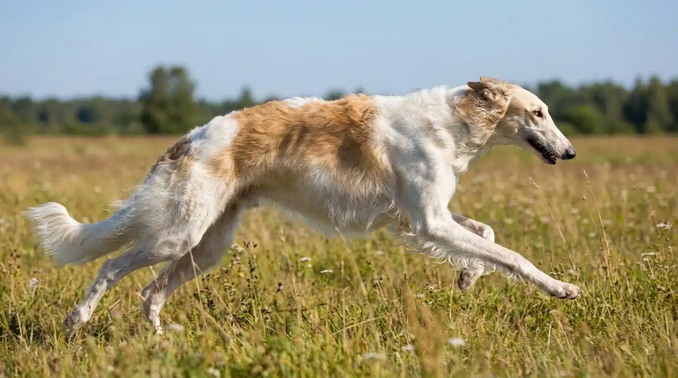 white and tan borzoi galloping across an open meadow with its silky coat moving naturally