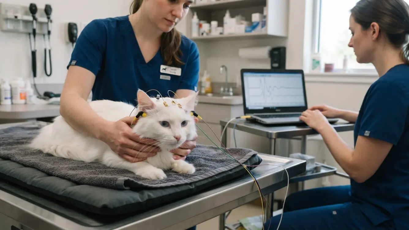 white blue eyed turkish angora cat resting calmly during a veterinary hearing test