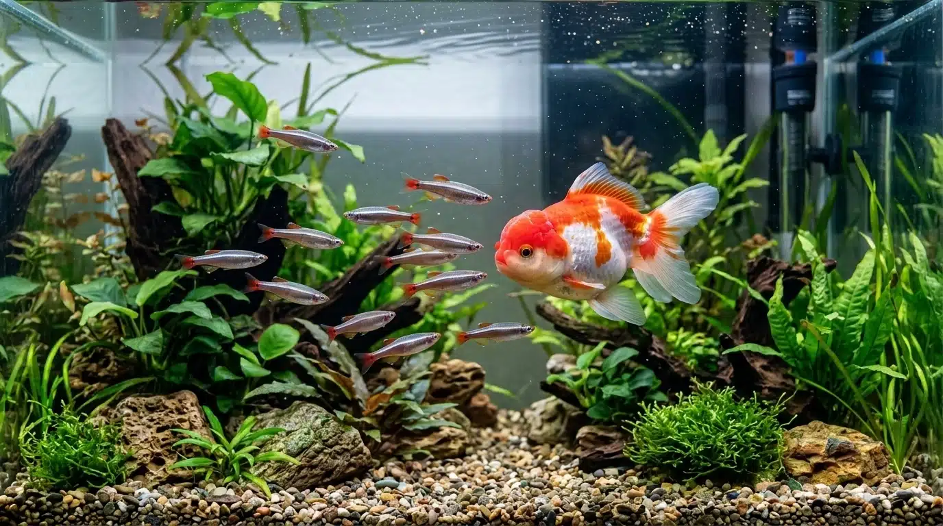 white cloud mountain minnows swimming alongside goldfish in a planted freshwater aquarium