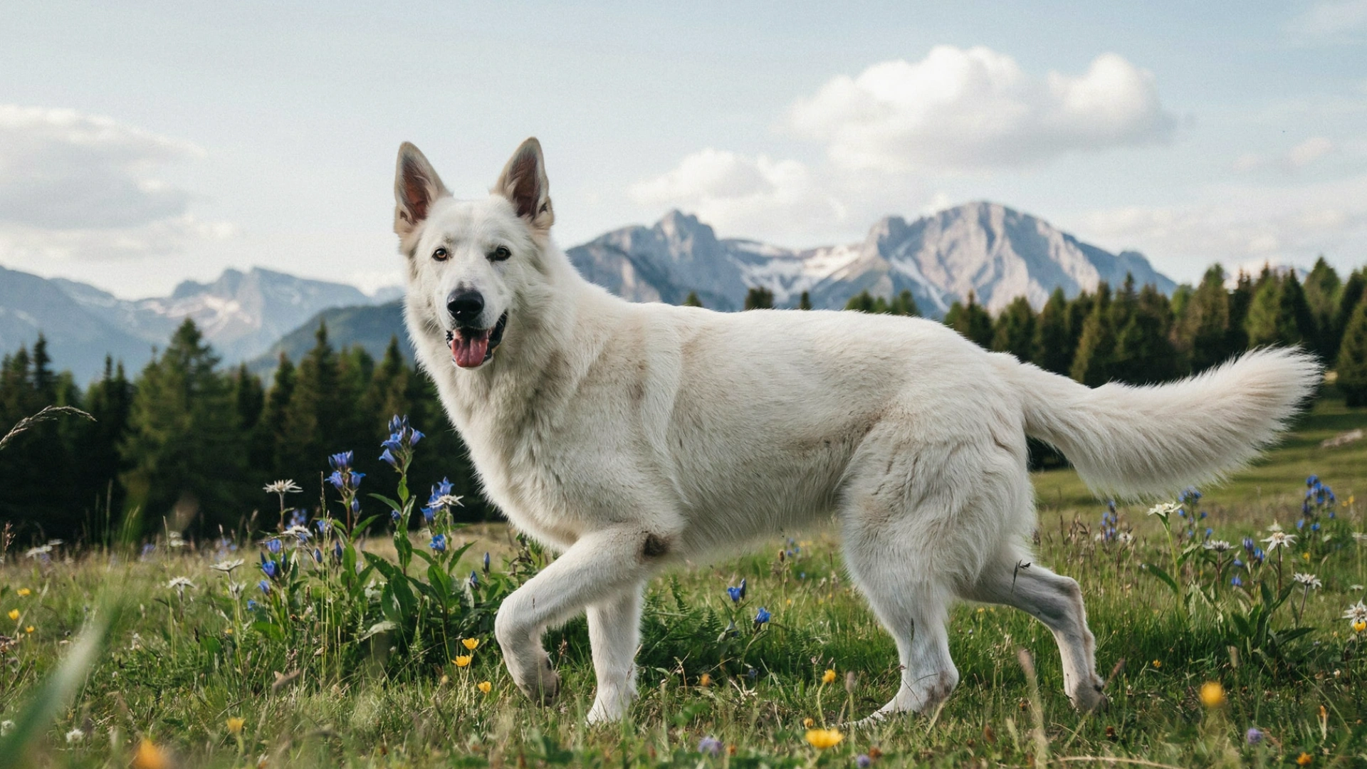 white swiss shepherd dog walking in meadow with mountains and wildflowers in background