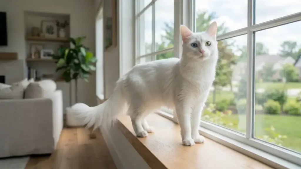 white turkish angora cat standing in a bright home with a silky coat and raised plumed tail