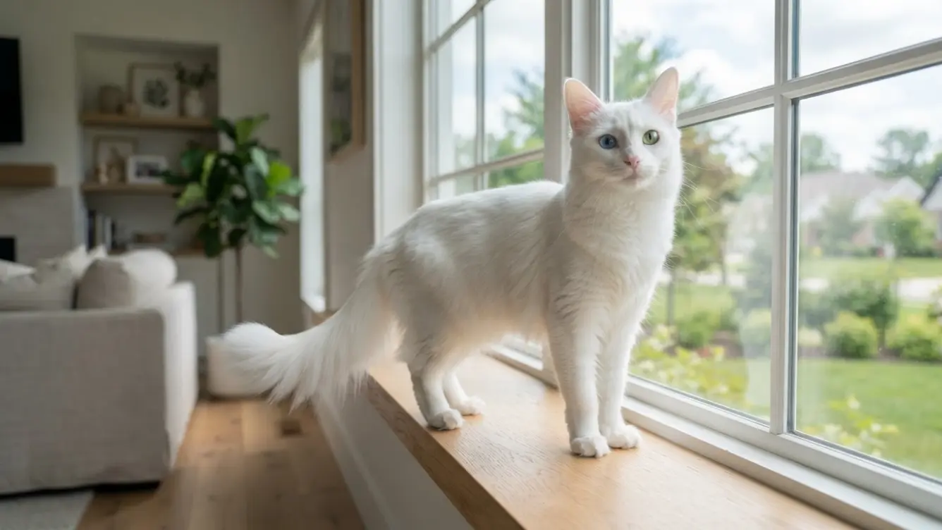 white turkish angora cat standing in a bright home with a silky coat and raised plumed tail