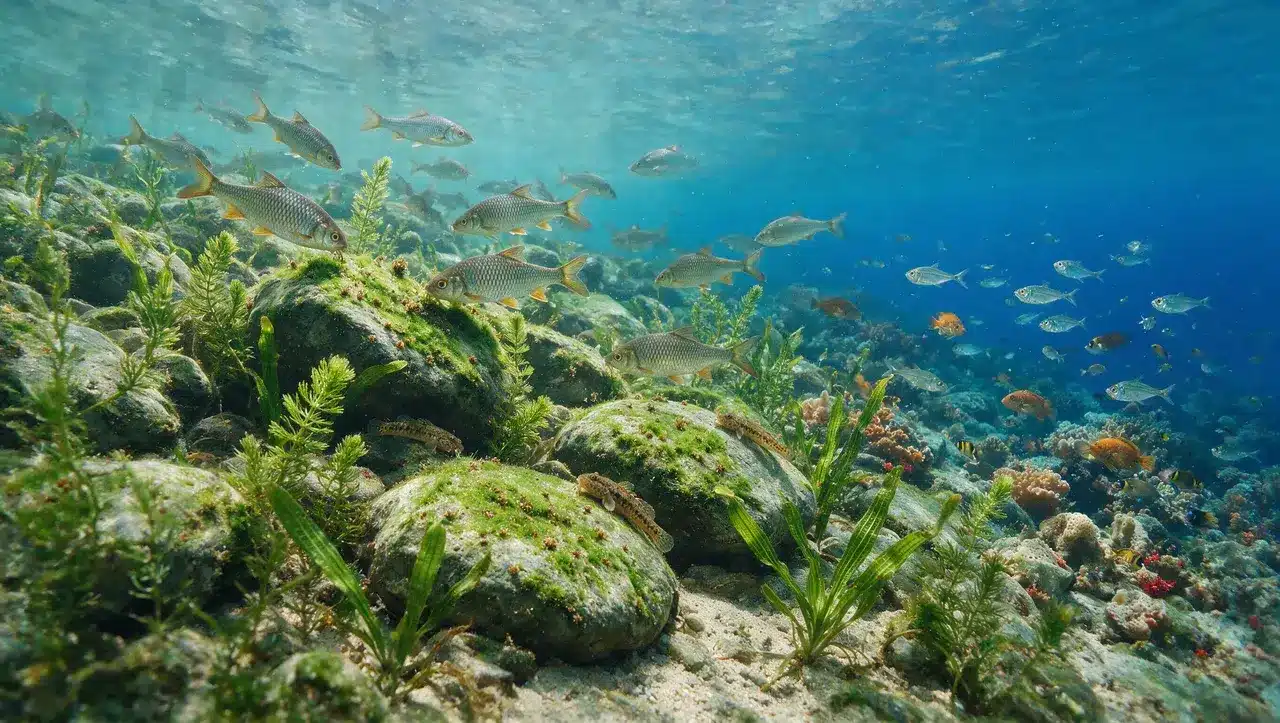 wild fish feeding on natural food sources like plants plankton and small aquatic organisms